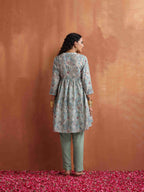 trueBrowns Green Print Flared Kurta Co-ord Set | Grocsy