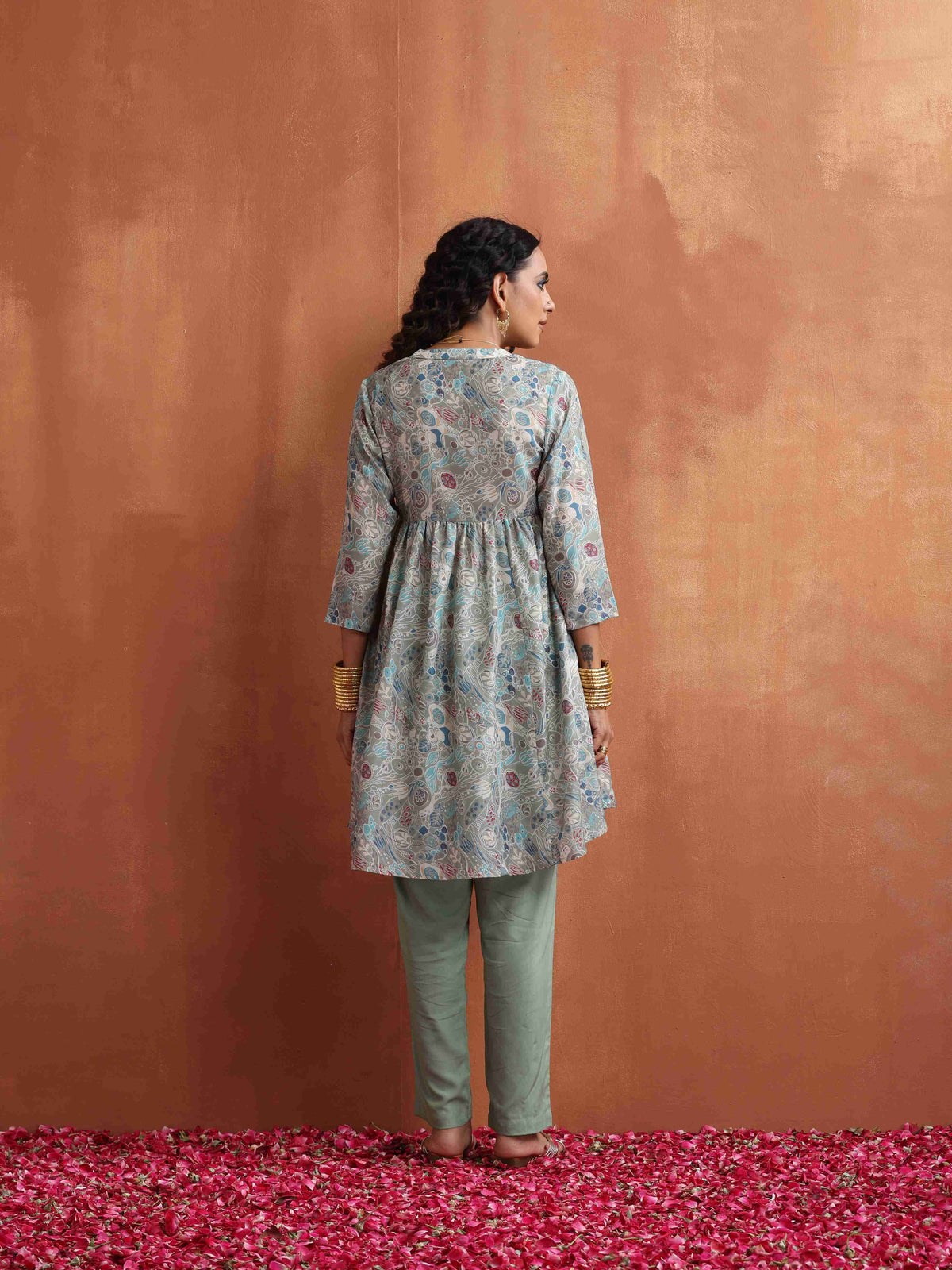 trueBrowns Green Print Flared Kurta Co-ord Set | Grocsy