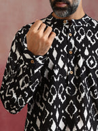 trueBrowns Men's Black Ikat Print Mandarin Collar Kurta Co-ord set | Grocsy