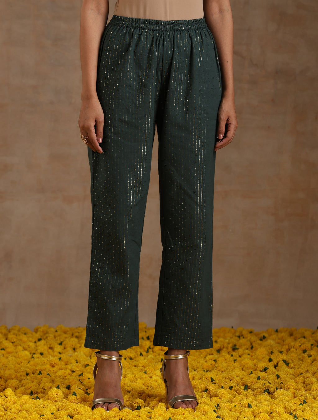 trueBrowns Dark Green Gold Cotton High-Low Co-Ord Set | Grocsy
