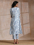 trueBrowns White With Overall Blue Print Cotton Slit Gathered Kurta Set | Grocsy