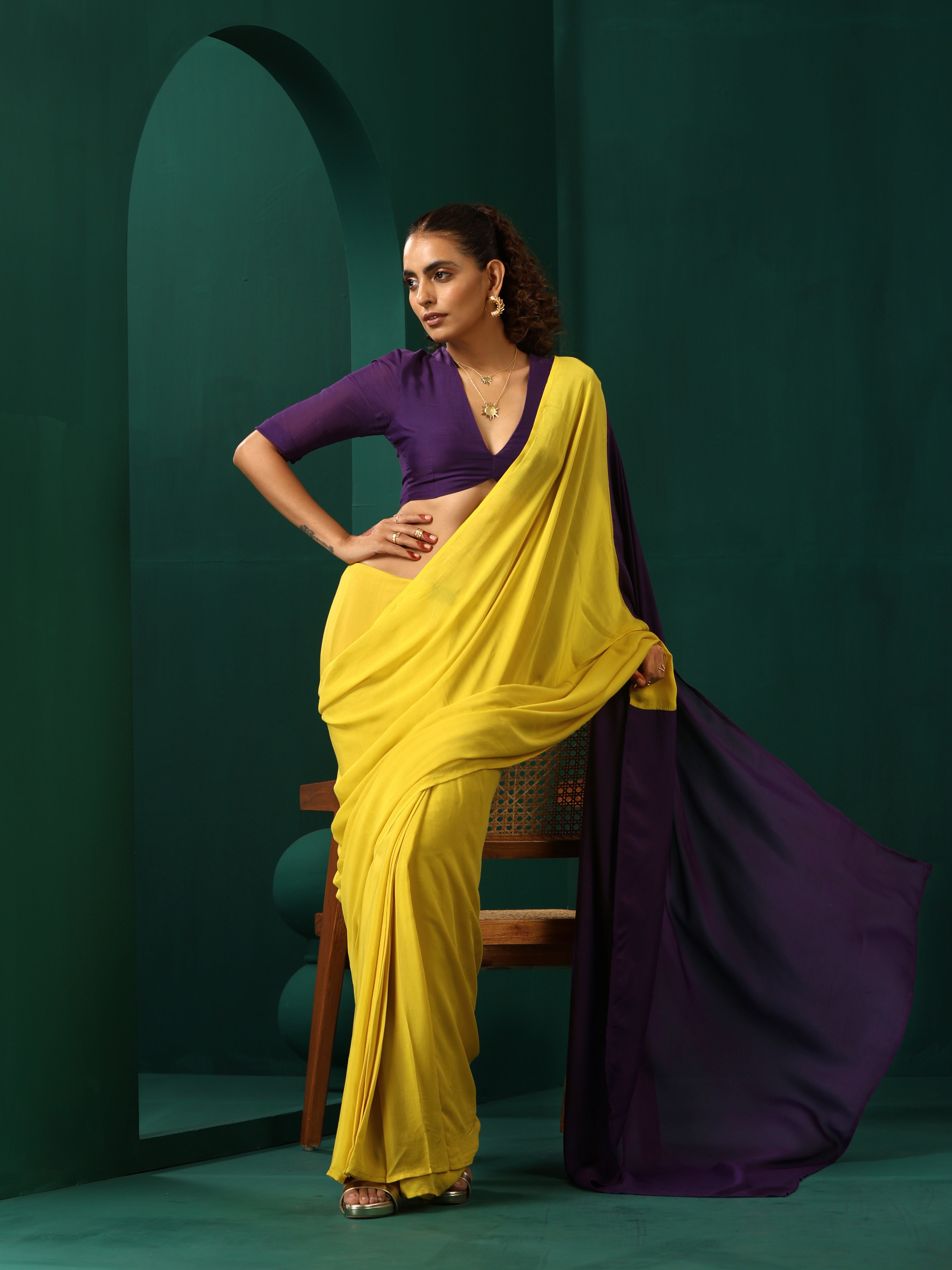 trueBrowns Yellow Purple Muslin Silk Ready to Wear Saree | Grocsy