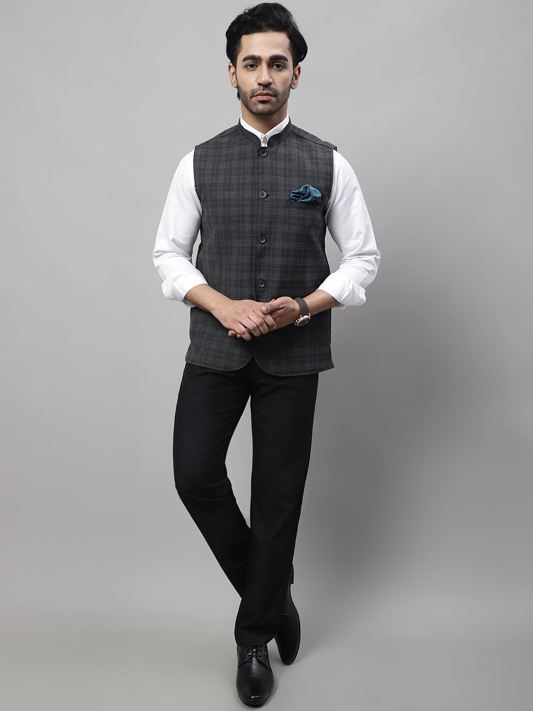 Even Apparels Men's Grey Nehru Jacket With Welt Pockets | Grocsy