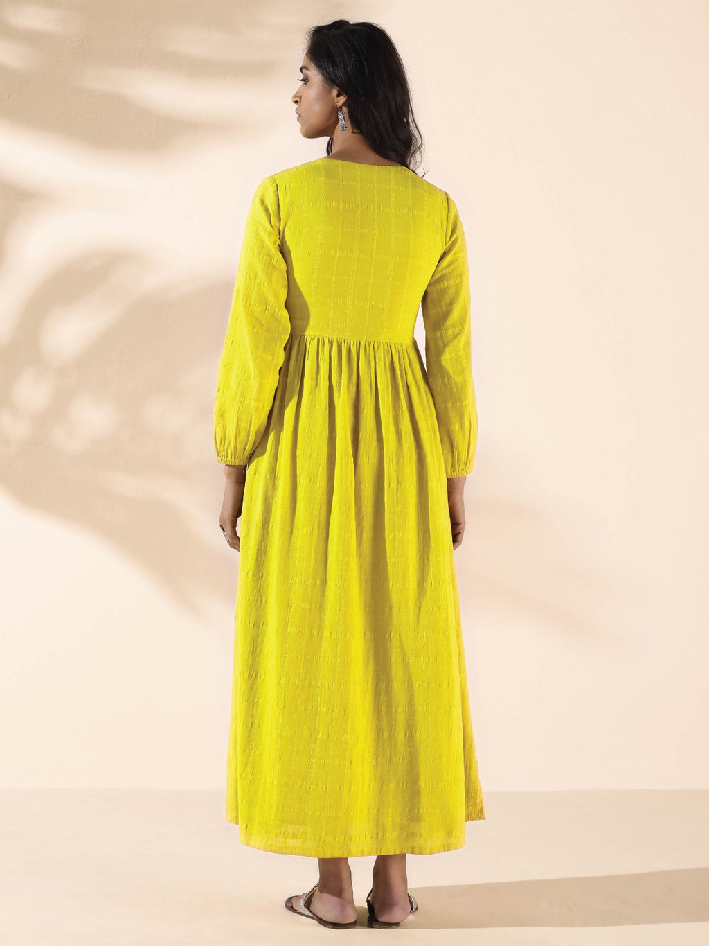 trueBrowns Lime Cotton Dobby Flared Dress | Grocsy