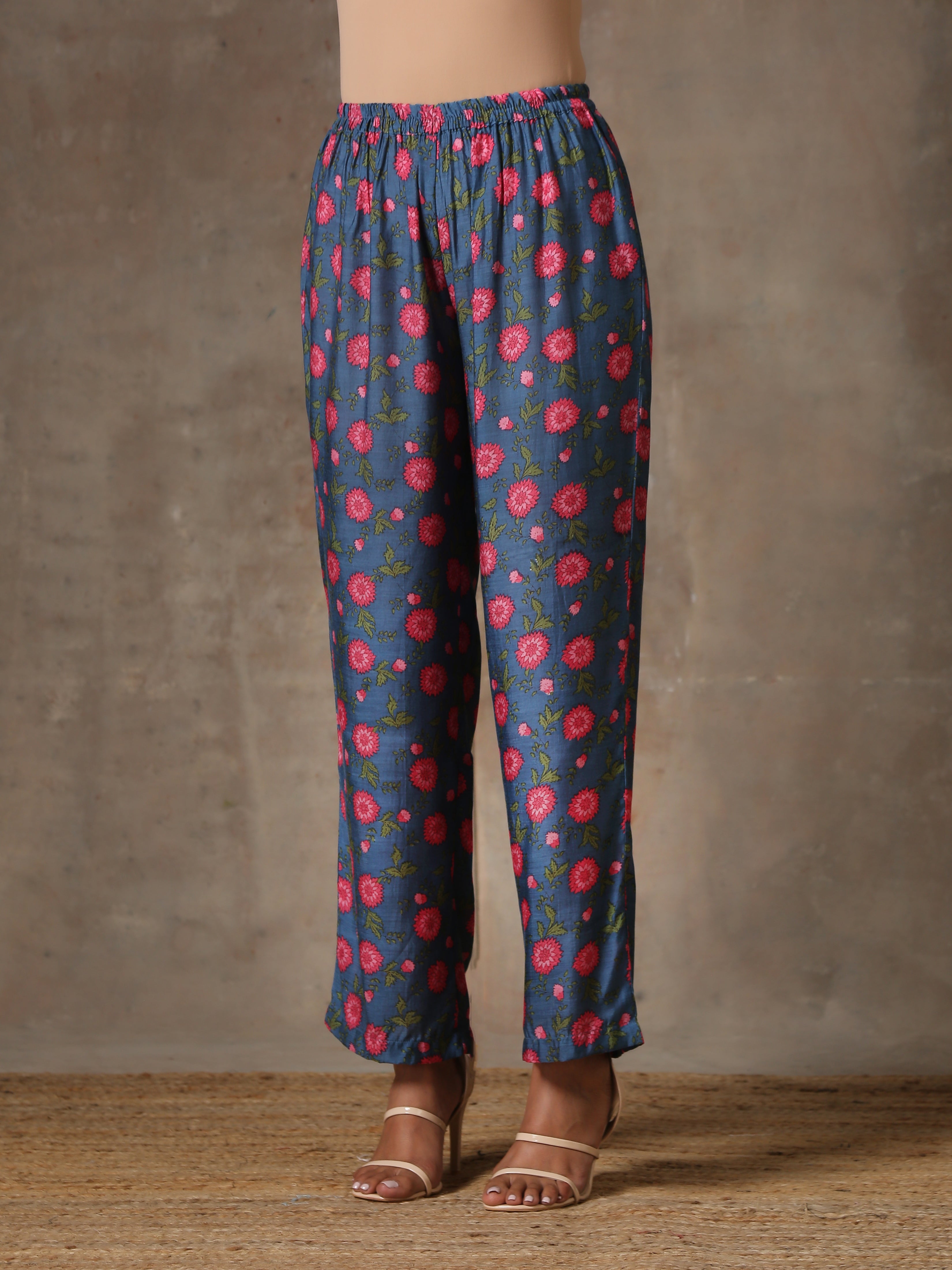 trueBrowns Blue Pink Printed Silk Kurta Pant Set | Grocsy