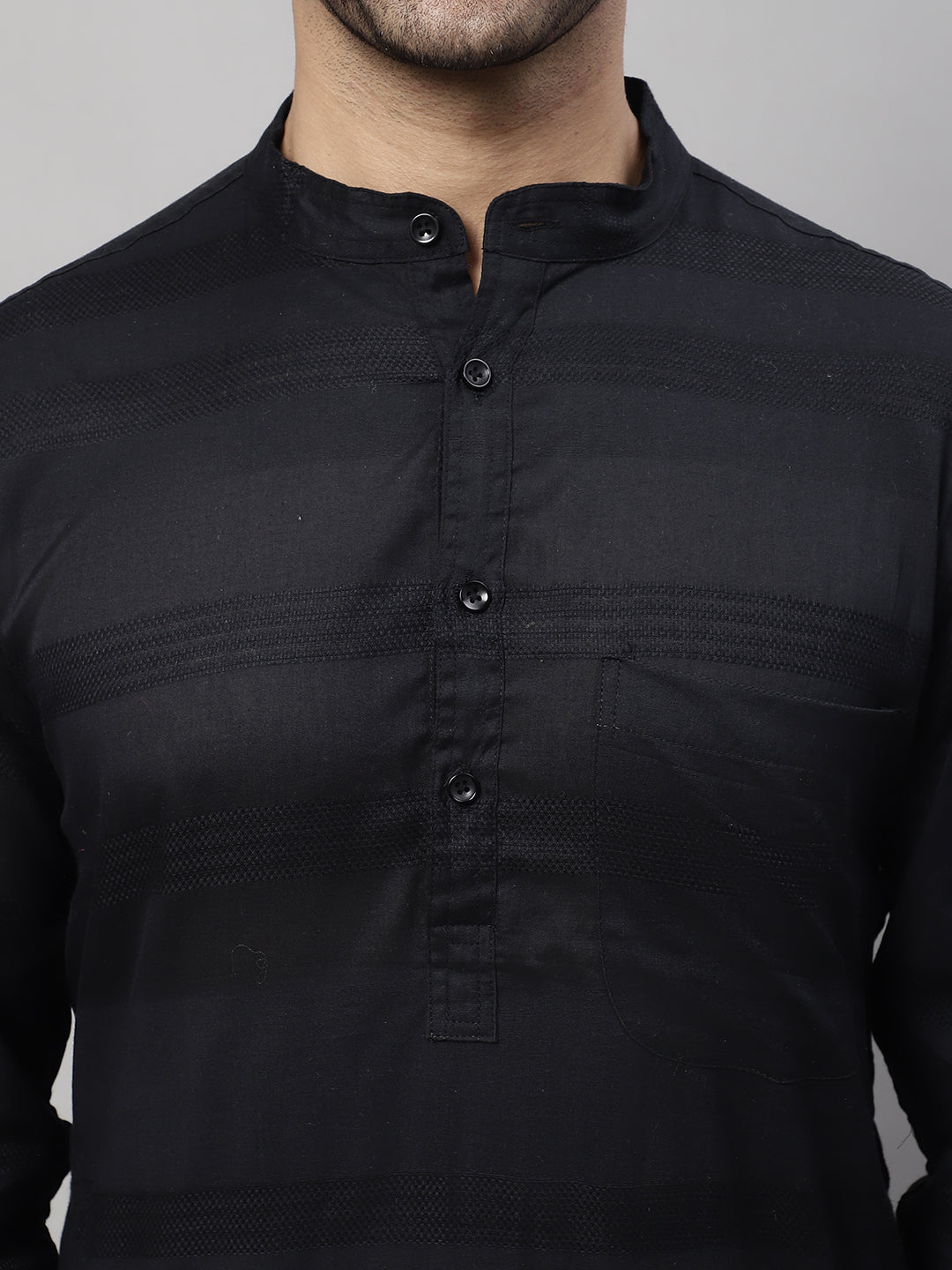 Even Apparels Black Pure Cotton Kurta With Band Collar | Grocsy