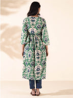 trueBrowns Green Cotton Ikat Flared Kurta Pant Set | Grocsy