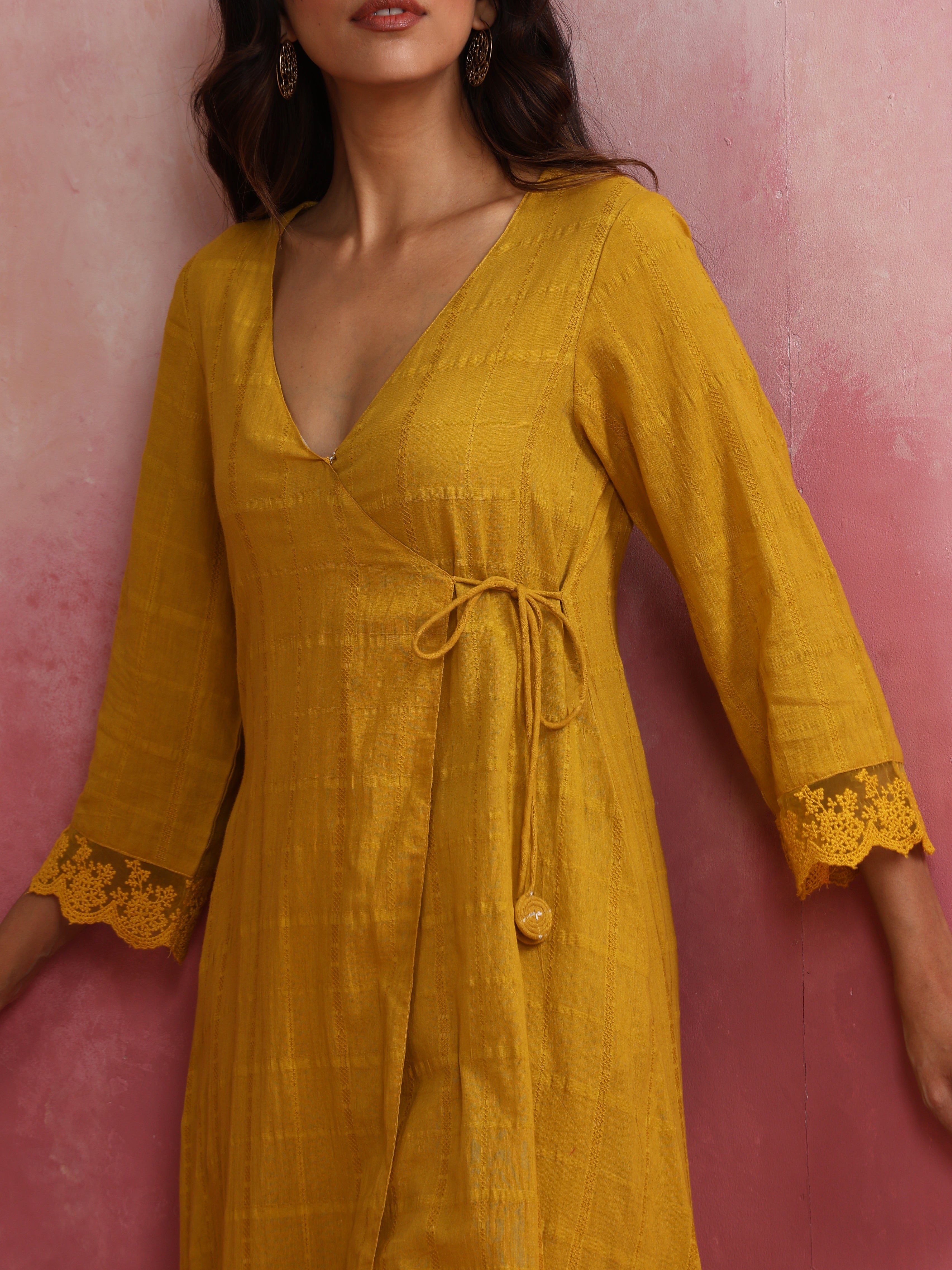 trueBrowns Mustard Cotton Dobby Kurta Set | Grocsy
