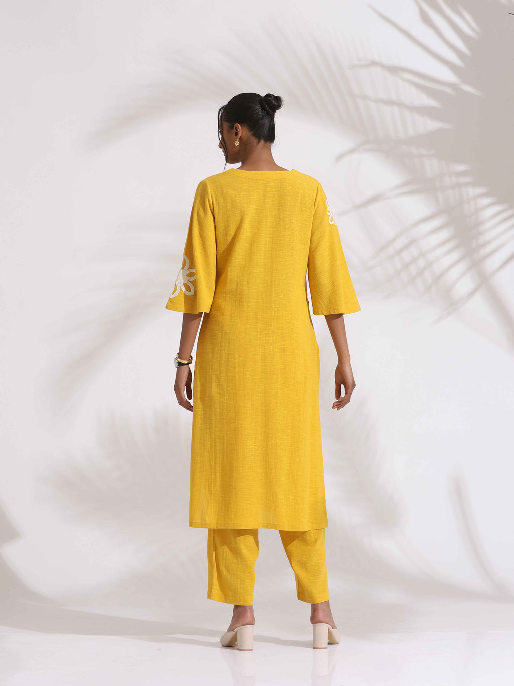 trueBrowns Yellow Cotton Slub Embroidered Straight Kurta Set | Grocsy