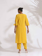 trueBrowns Yellow Cotton Slub Embroidered Straight Kurta Set | Grocsy