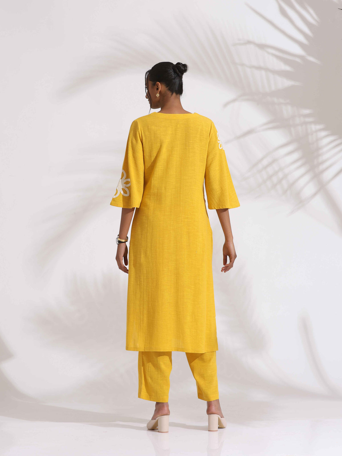 trueBrowns Yellow Cotton Slub Embroidered Straight Kurta Set | Grocsy