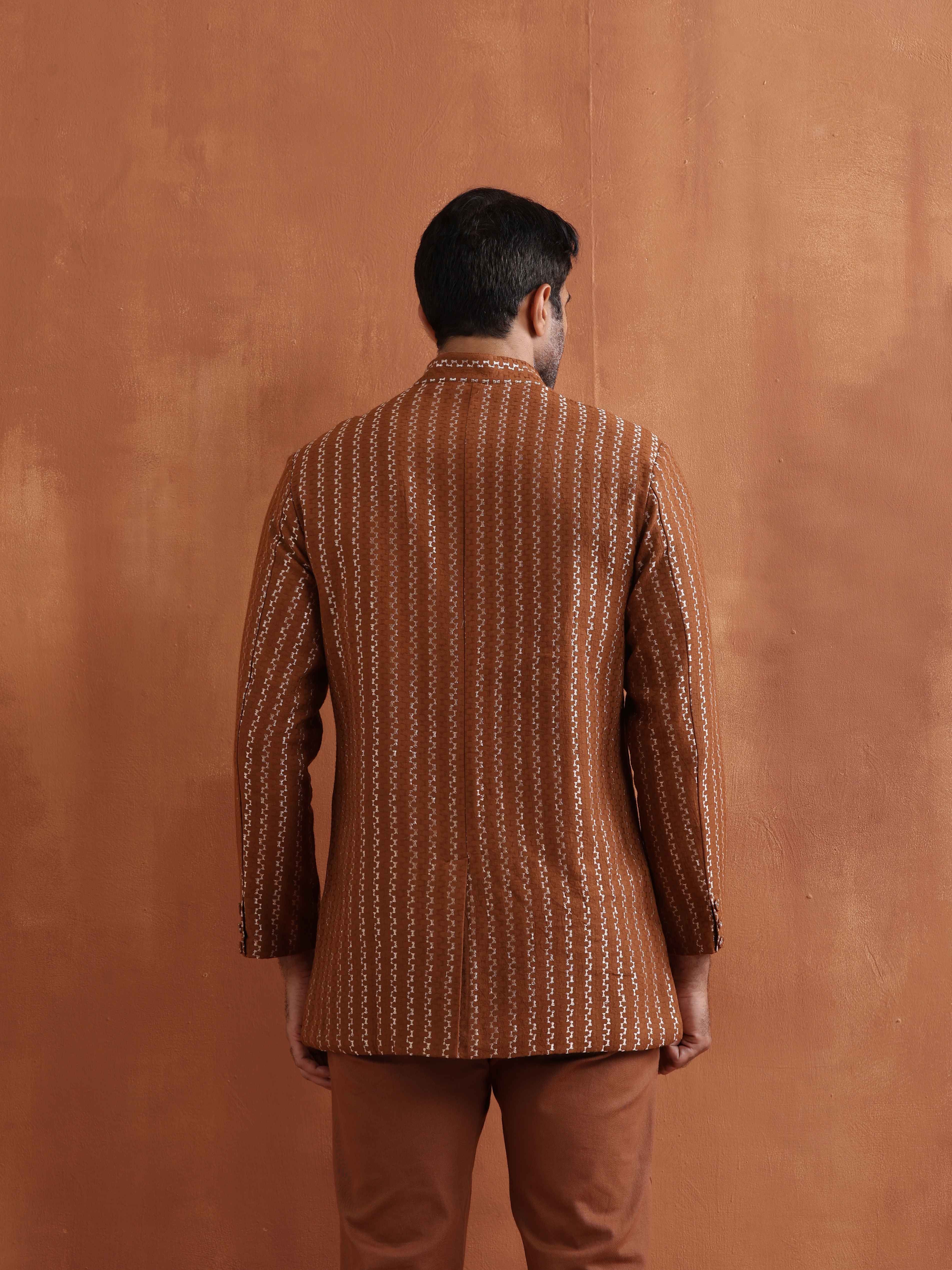 trueBrowns Men's Brown Cotton Dobby Long Jacket | Grocsy