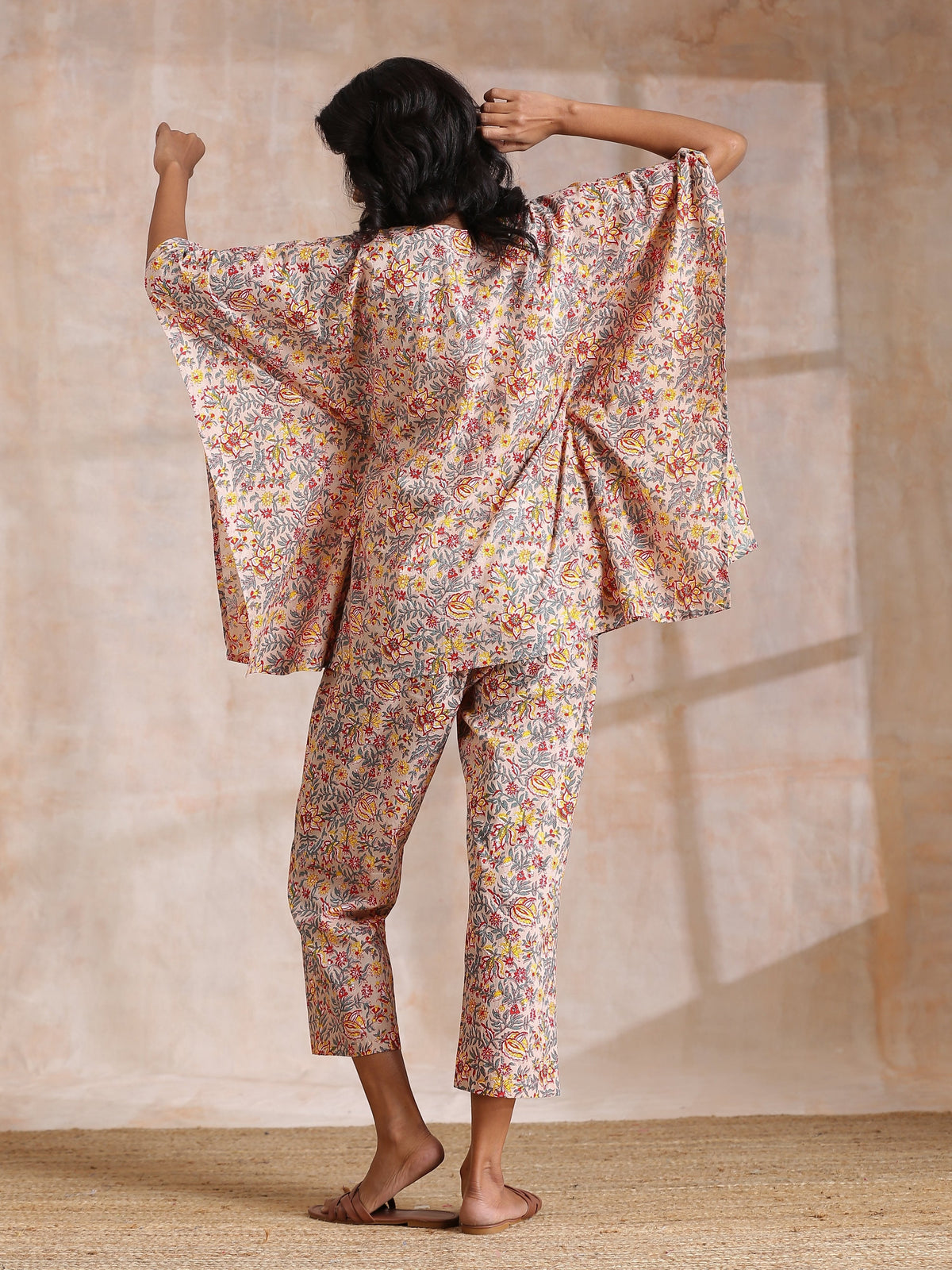 trueBrowns Multicolor Beige Overall Floral Block Print Cotton Kaftan Co-Ord Set | Grocsy
