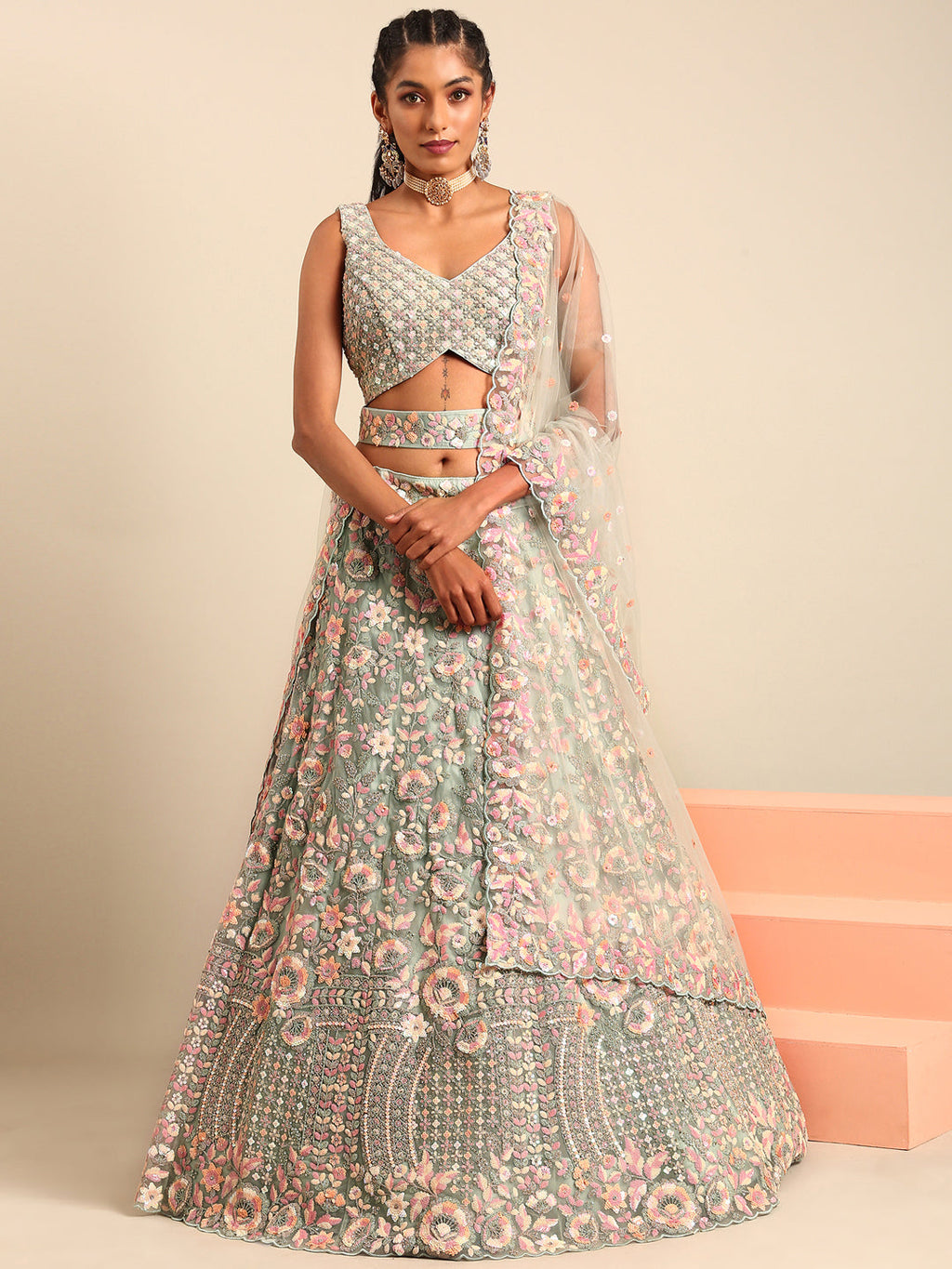 House of Panchhi Sea green Net Multi Sequins with heavy Zarkan embroidery Lehenga choli & Dupatta | Grocsy