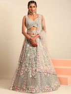 House of Panchhi Sea green Net Multi Sequins with heavy Zarkan embroidery Lehenga choli & Dupatta | Grocsy