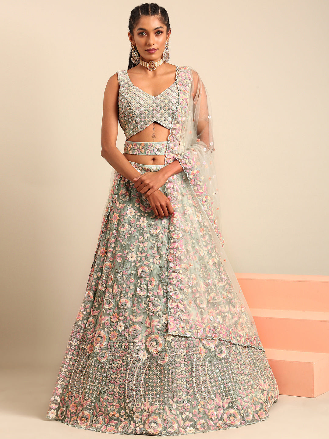 House of Panchhi Sea green Net Multi Sequins with heavy Zarkan embroidery Lehenga choli & Dupatta | Grocsy
