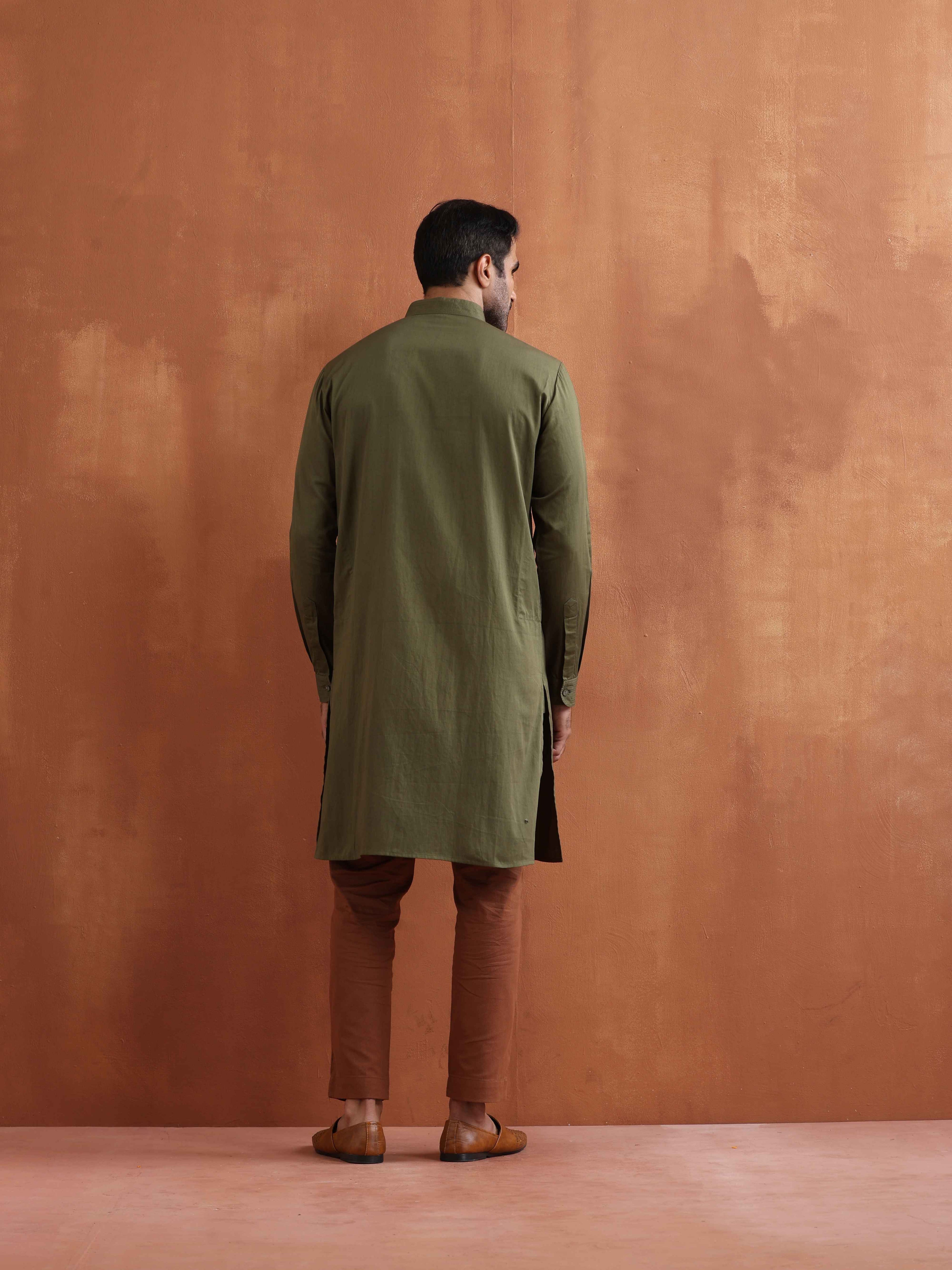 trueBrowns Men's Olive Green Cotton Front Open Kurta | Grocsy