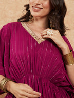 InWeave Women's Magenta Lurex V Neck Gota Kaftan Style Kurta Set | Grocsy