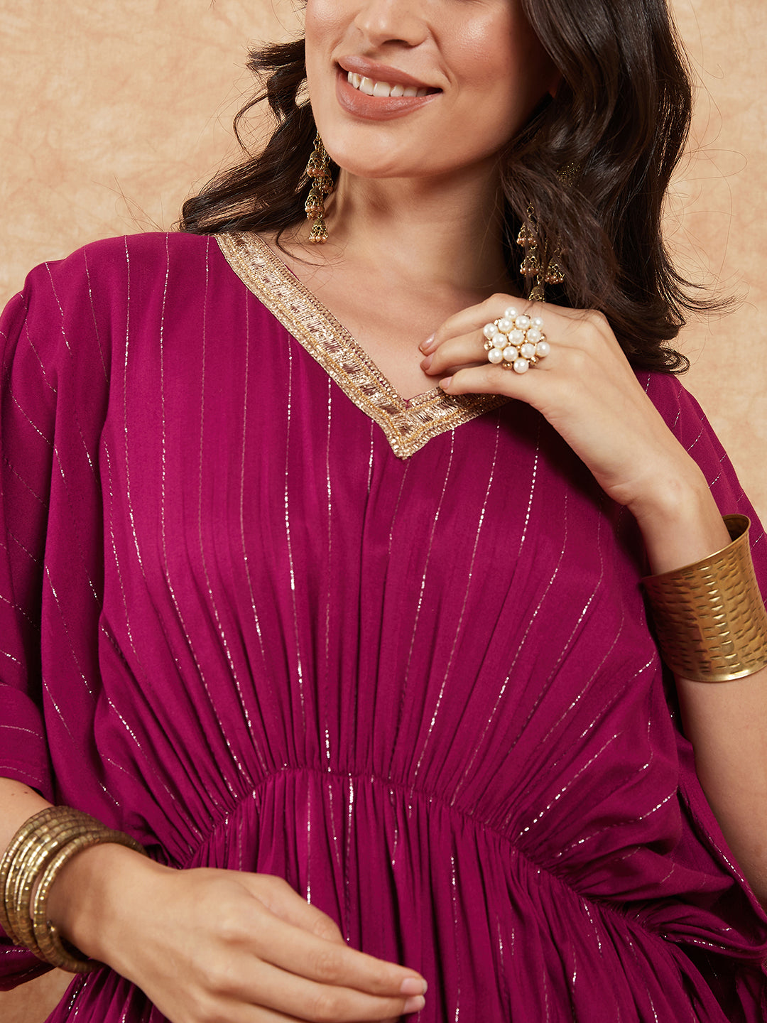 InWeave Women's Magenta Lurex V Neck Gota Kaftan Style Kurta Set | Grocsy