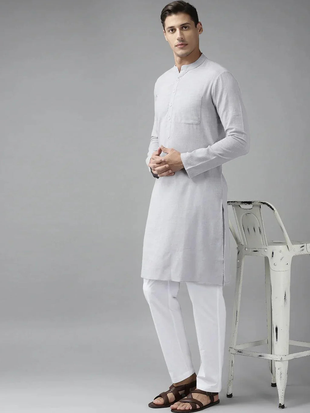 Fabmade Men Grey Cotton Linen Kurta | Grocsy