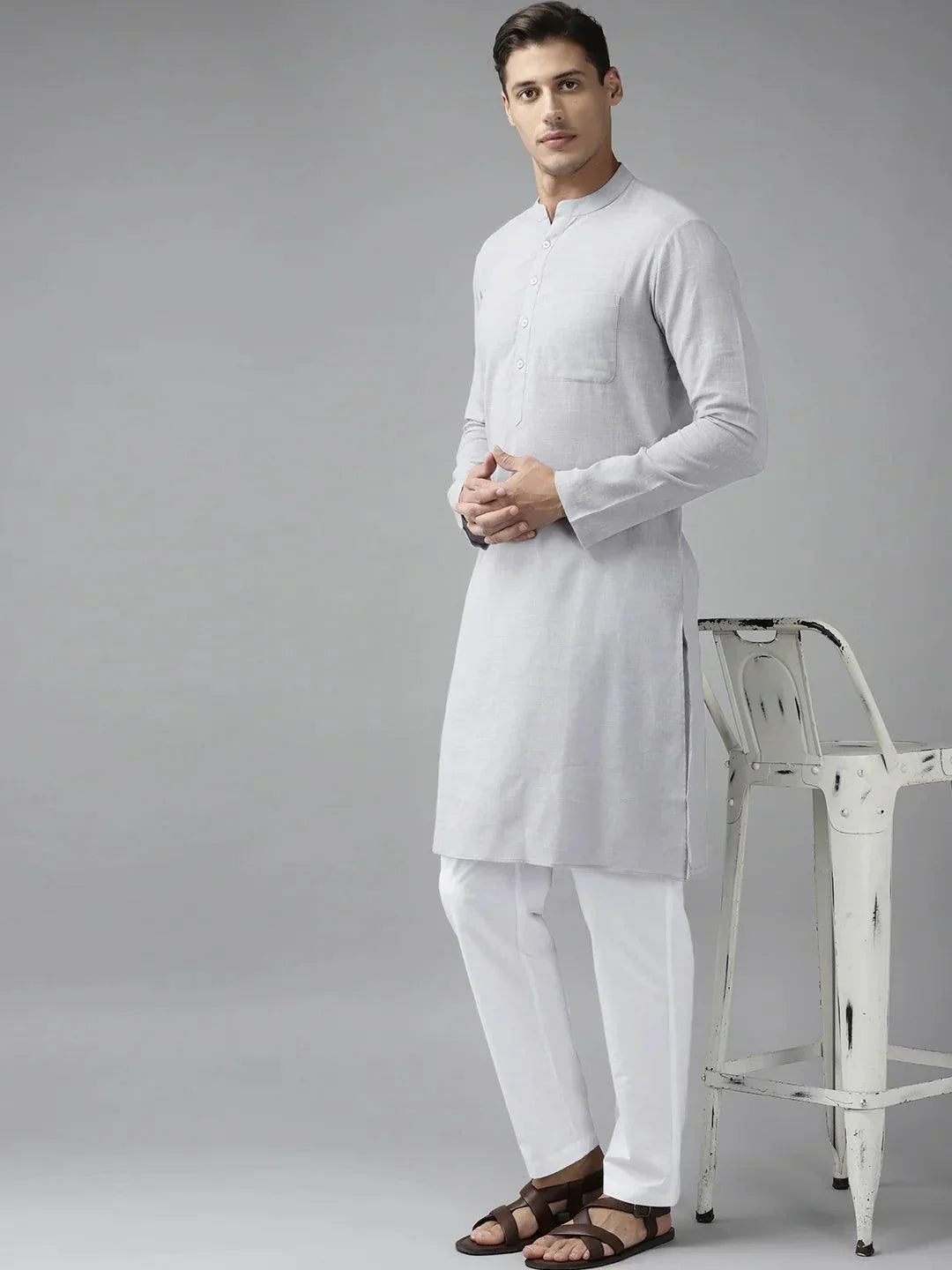 Fabmade Men Grey Cotton Linen Kurta | Grocsy