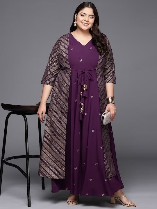 Ahalyaa Plus Size V-neck Maxi Ethnic Dress | Grocsy