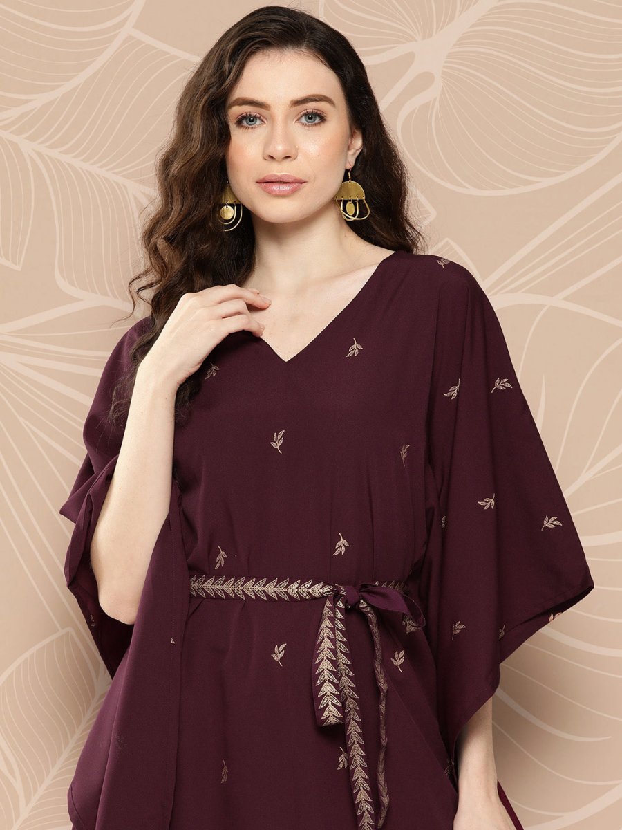 Ahalyaa Women Floral Printed Flared Sleeves Belted Detail Crepe Kaftan Kurta | Grocsy