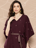 Ahalyaa Women Floral Printed Flared Sleeves Belted Detail Crepe Kaftan Kurta | Grocsy