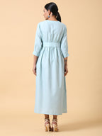 trueBrowns Cotton Linen Light Blue Wrap Dress | Grocsy