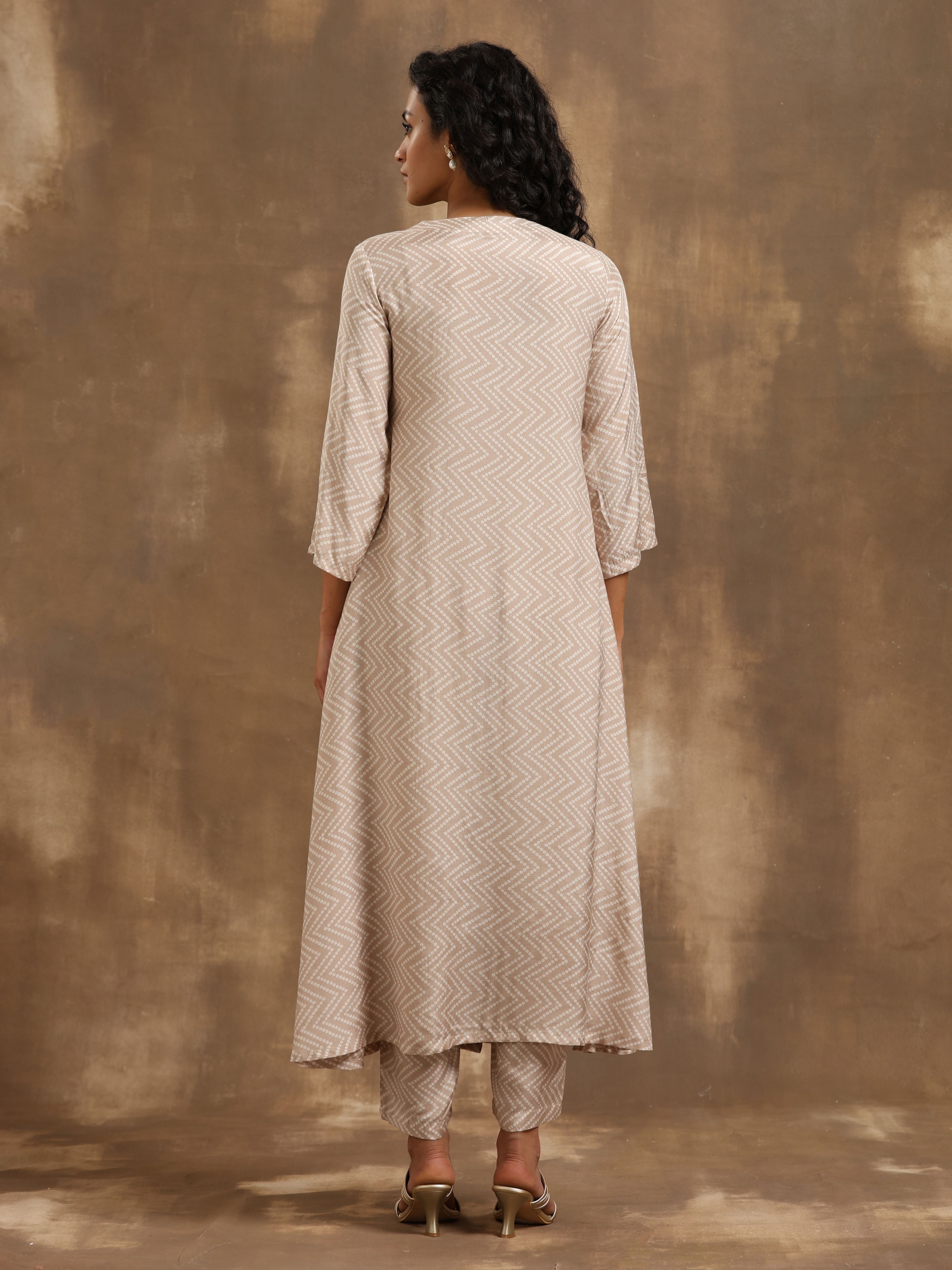 trueBrowns Beige Zig-Zag Print Silk Angrakha Kurta Pant Set | Grocsy