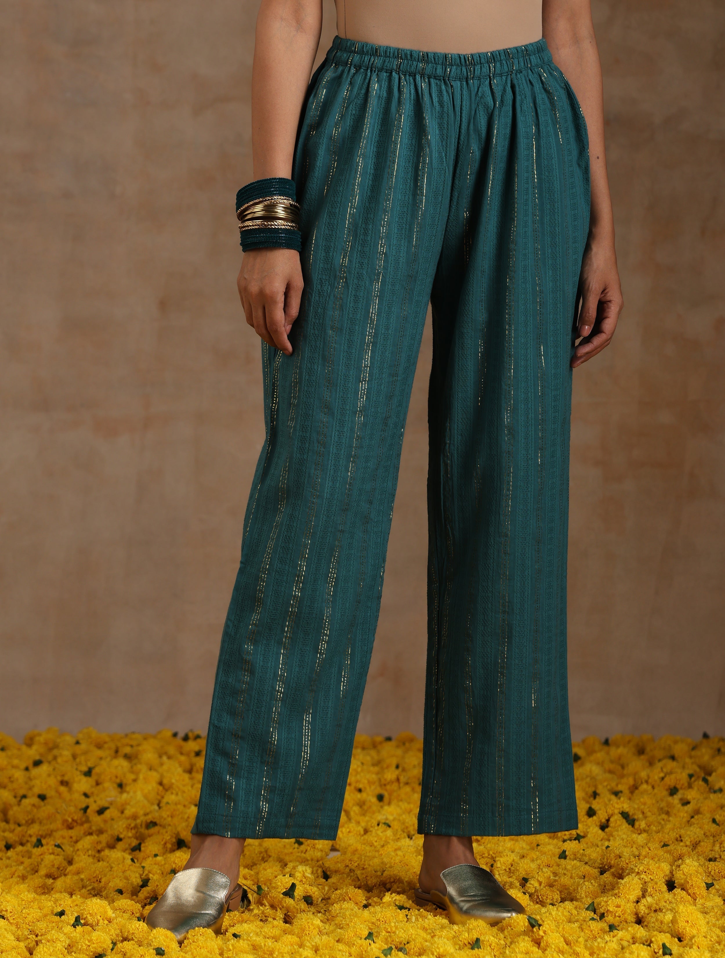 trueBrowns Deep Sea Gold Cotton Kalidar Kurta Set | Grocsy