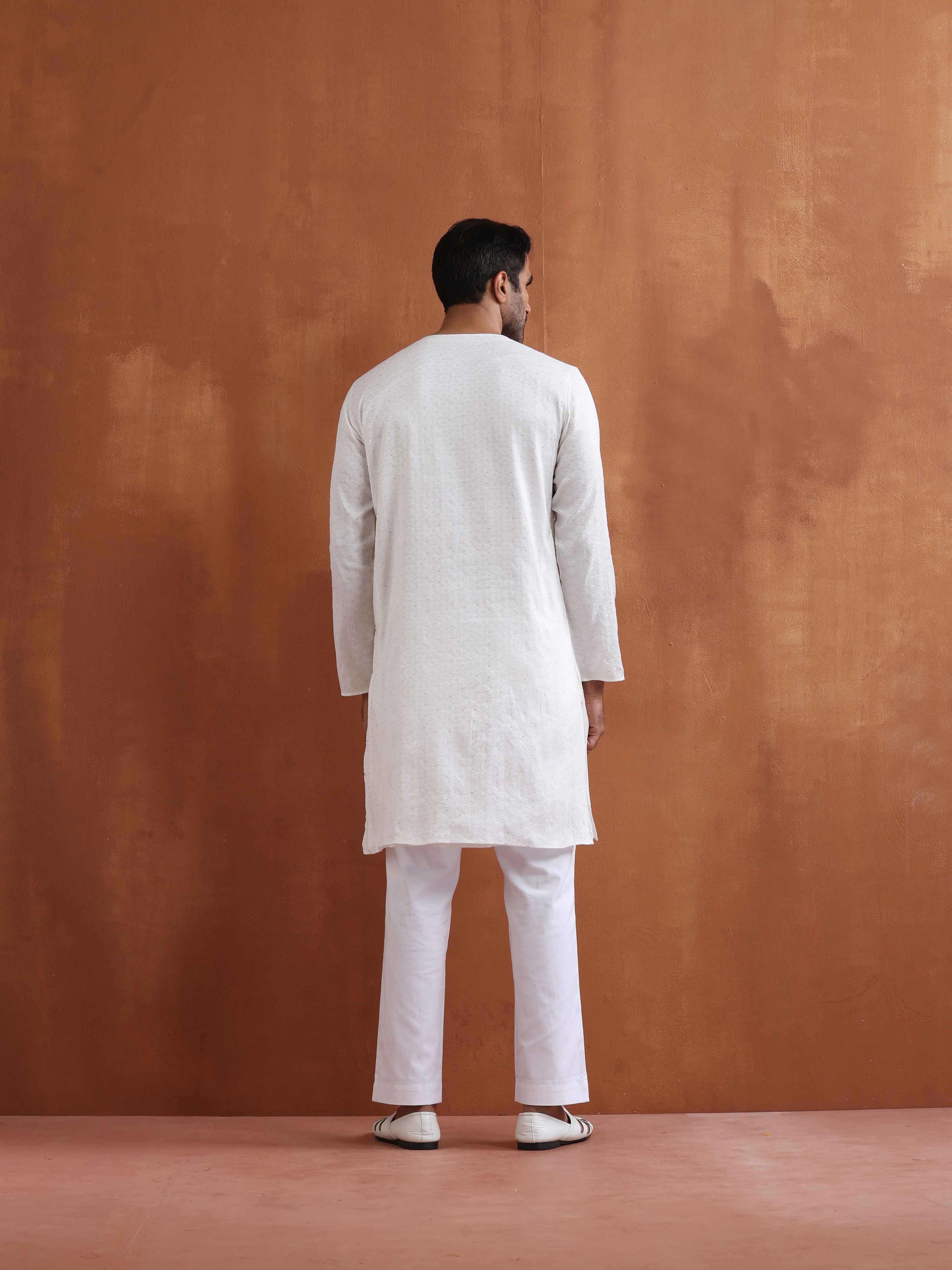 trueBrowns Men's Ivory Sequin Chanderi Kurta | Grocsy