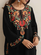 trueBrowns Black Kashmiri Floral Embroidered Woollen Phiran Kurta | Grocsy