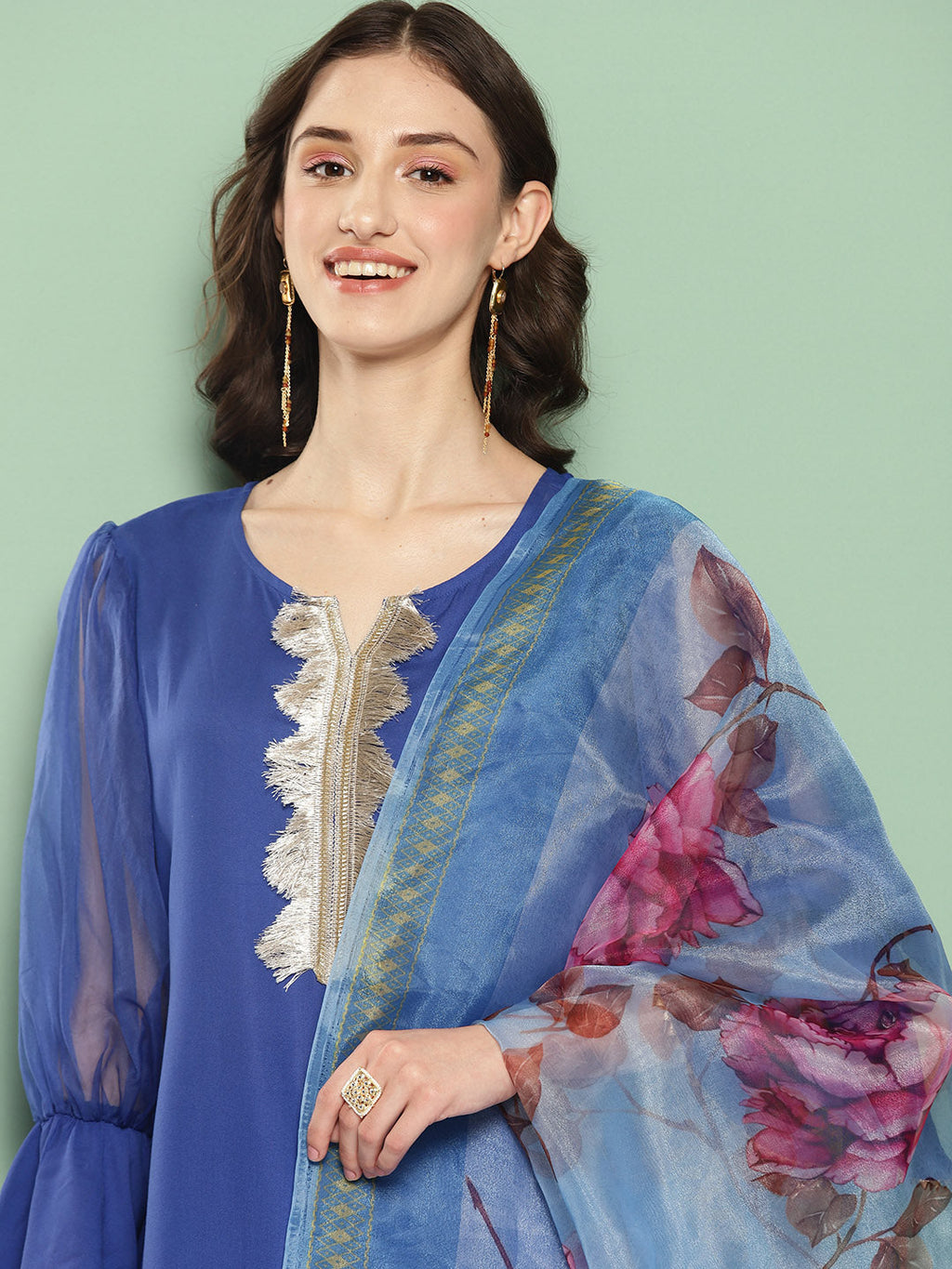 InWeave Women's Ink Blue Organza Sleeve Kurta Set W Blue Fuchsia Or Dupatta | Grocsy