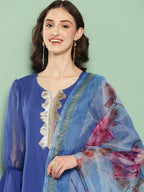 InWeave Women's Ink Blue Organza Sleeve Kurta Set W Blue Fuchsia Or Dupatta | Grocsy