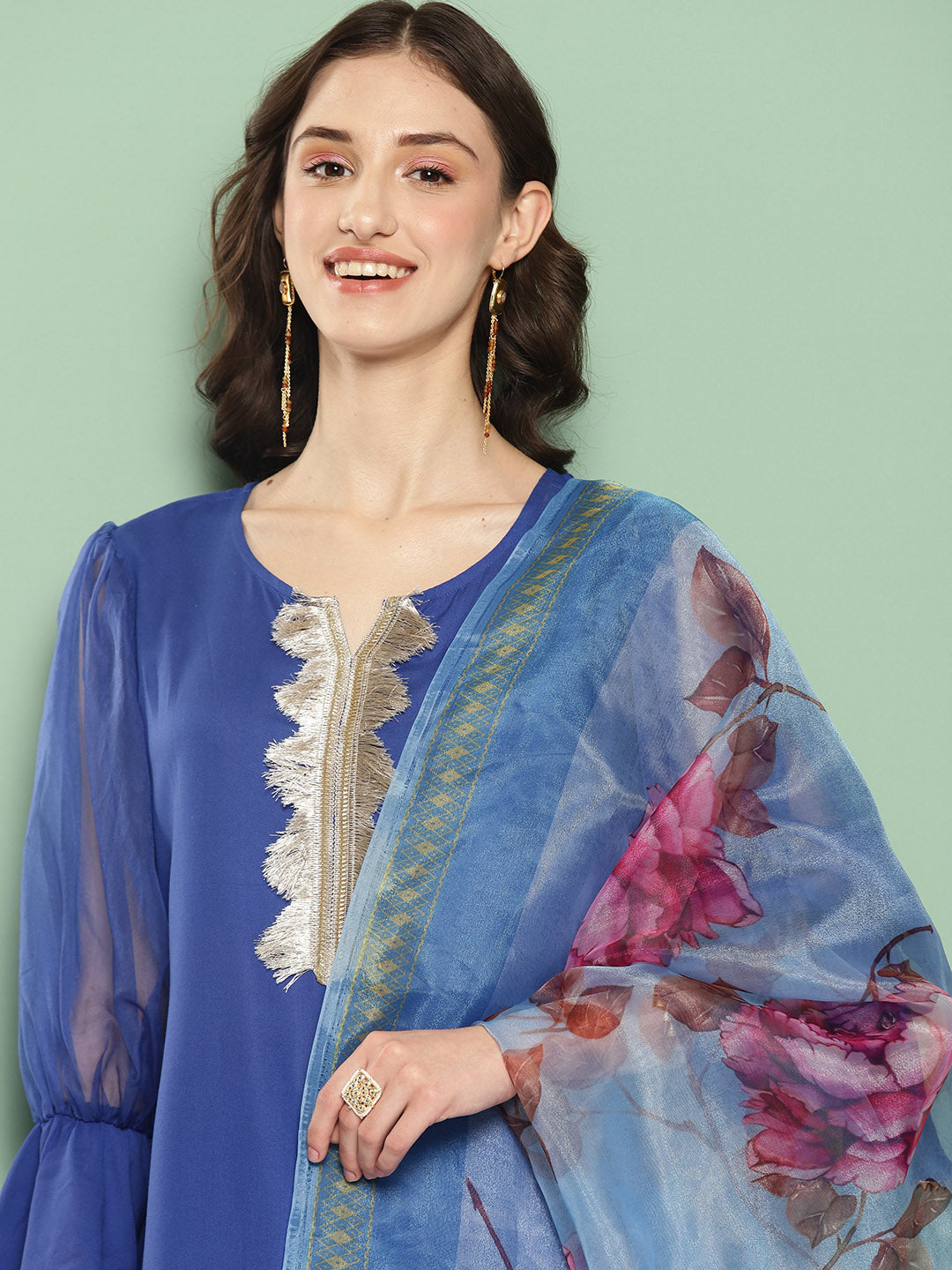 InWeave Women's Ink Blue Organza Sleeve Kurta Set W Blue Fuchsia Or Dupatta | Grocsy