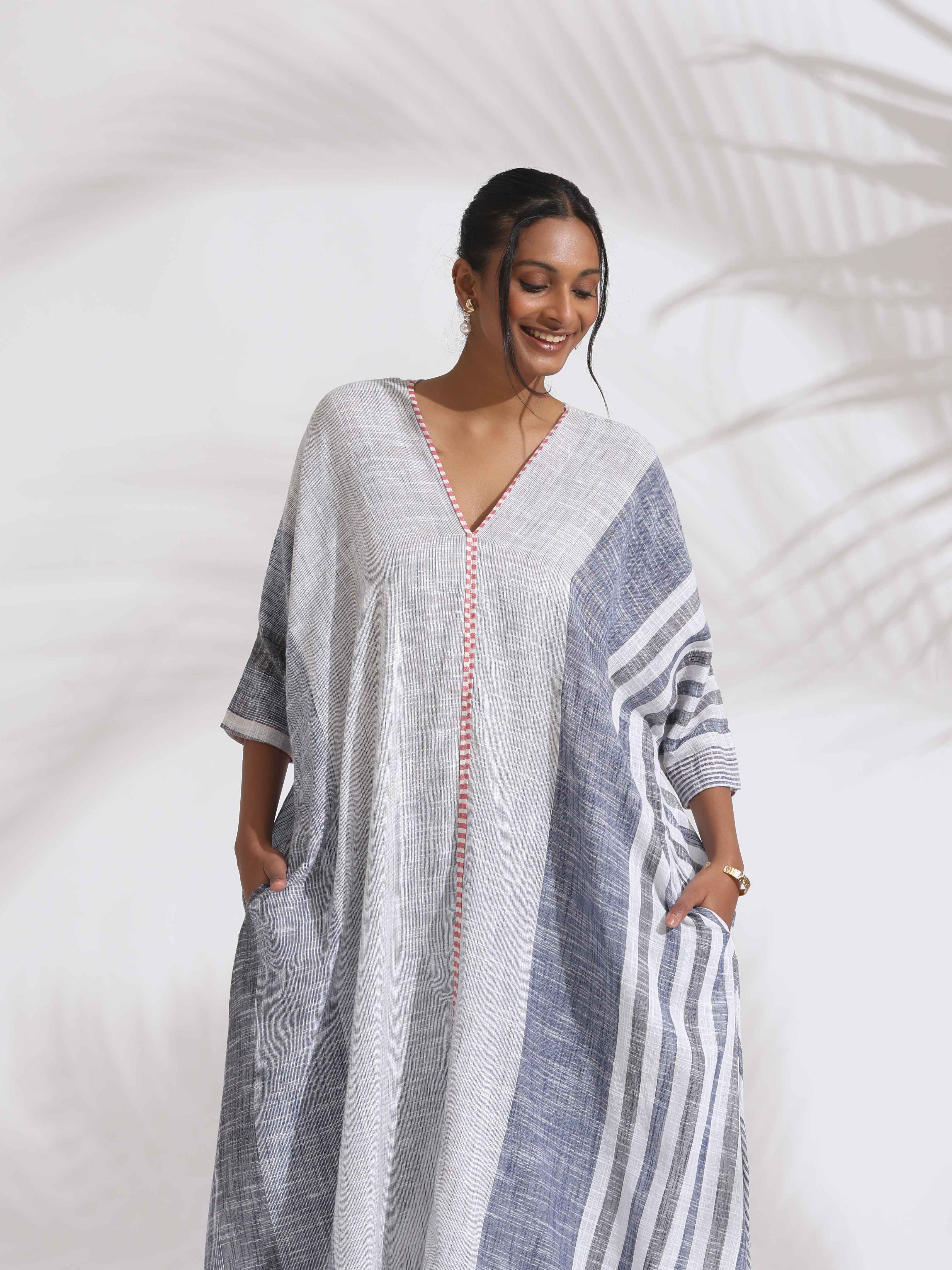 trueBrowns Off-White Cotton Multi Stripe Flared Kurta Set | Grocsy