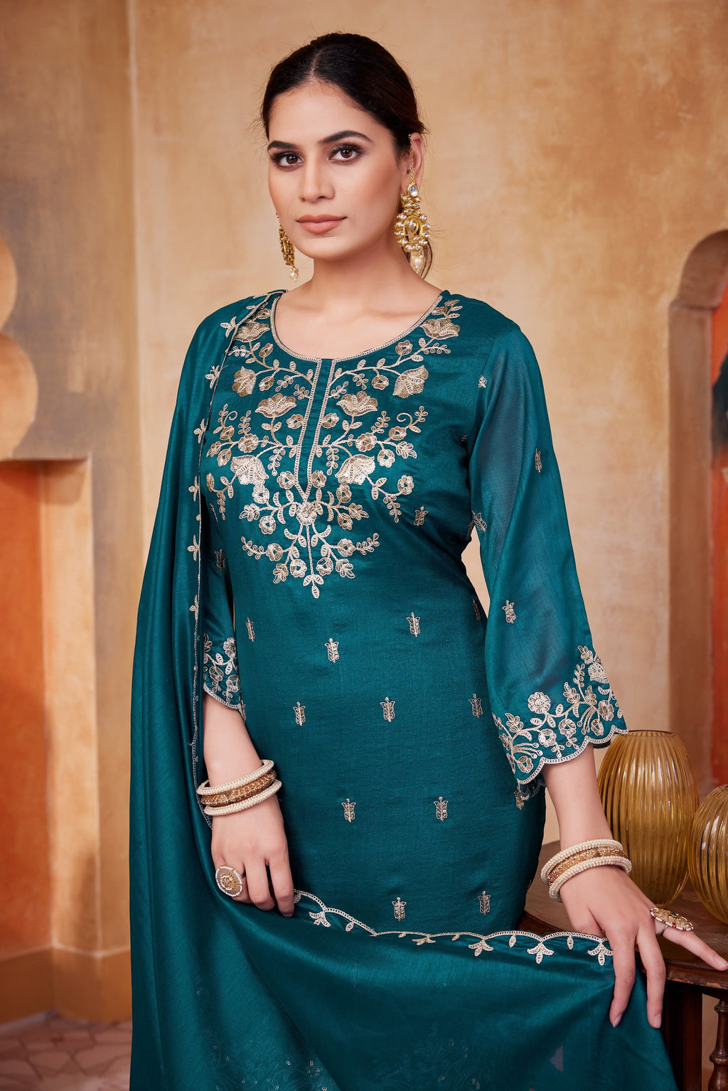 Anaita Teal Readymade Suit with Embroidery Work | Grocsy