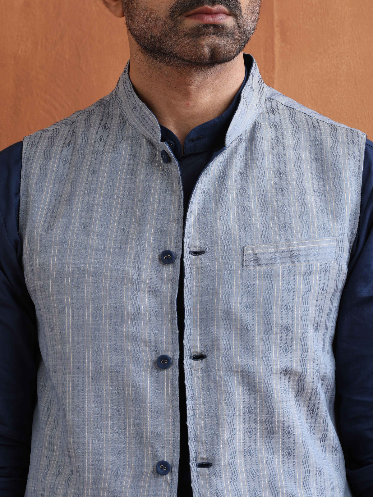 trueBrowns Men's Blue Chanderi Reversible Nehru Jacket | Grocsy