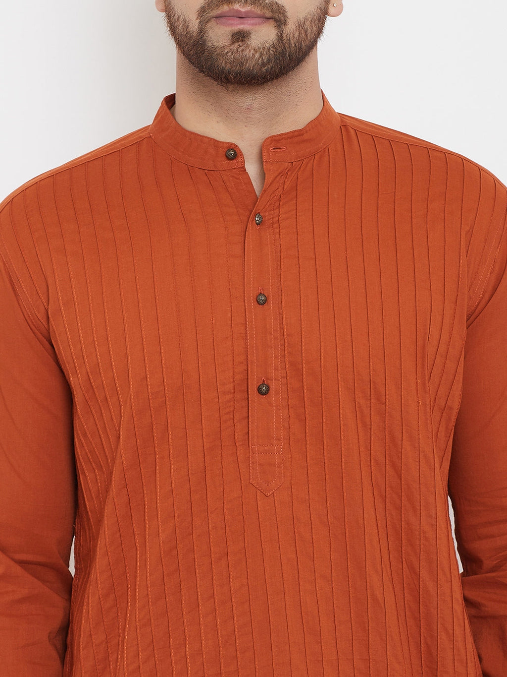 Even Apparels Rust Pure Cotton Kurta With Band Collar | Grocsy