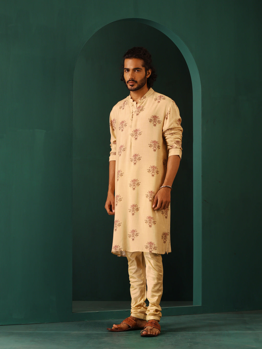 trueBrowns Men's Beige Floral Bunch Muslin Silk Printed Long Kurta | Grocsy