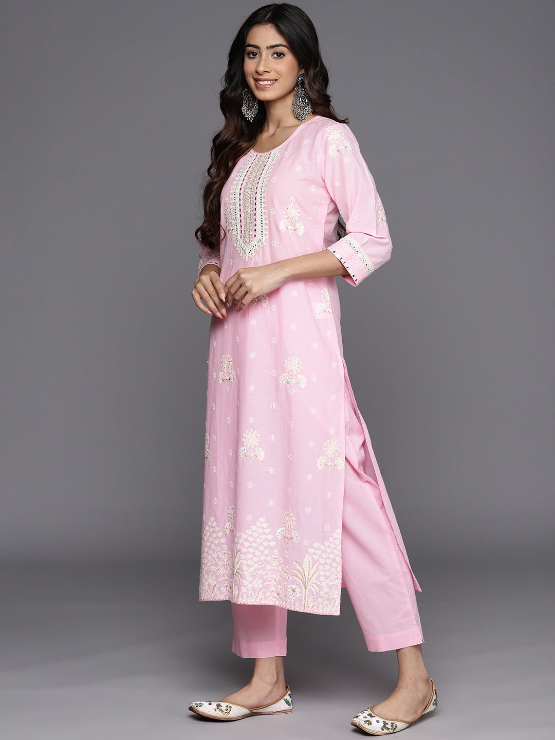 KSUT (House of Varanga) Pink Thread And Mirror Embroidered Kurta Paired With Straight Trouser And Chiffon Dupatta | Grocsy