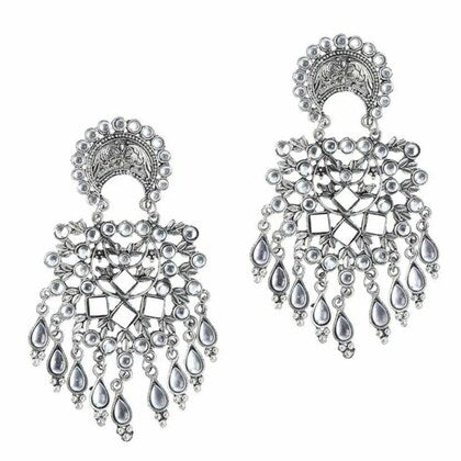Tehzeeb Creations Women's Silver Colour Oxidised Earrings With Kundan | Grocsy