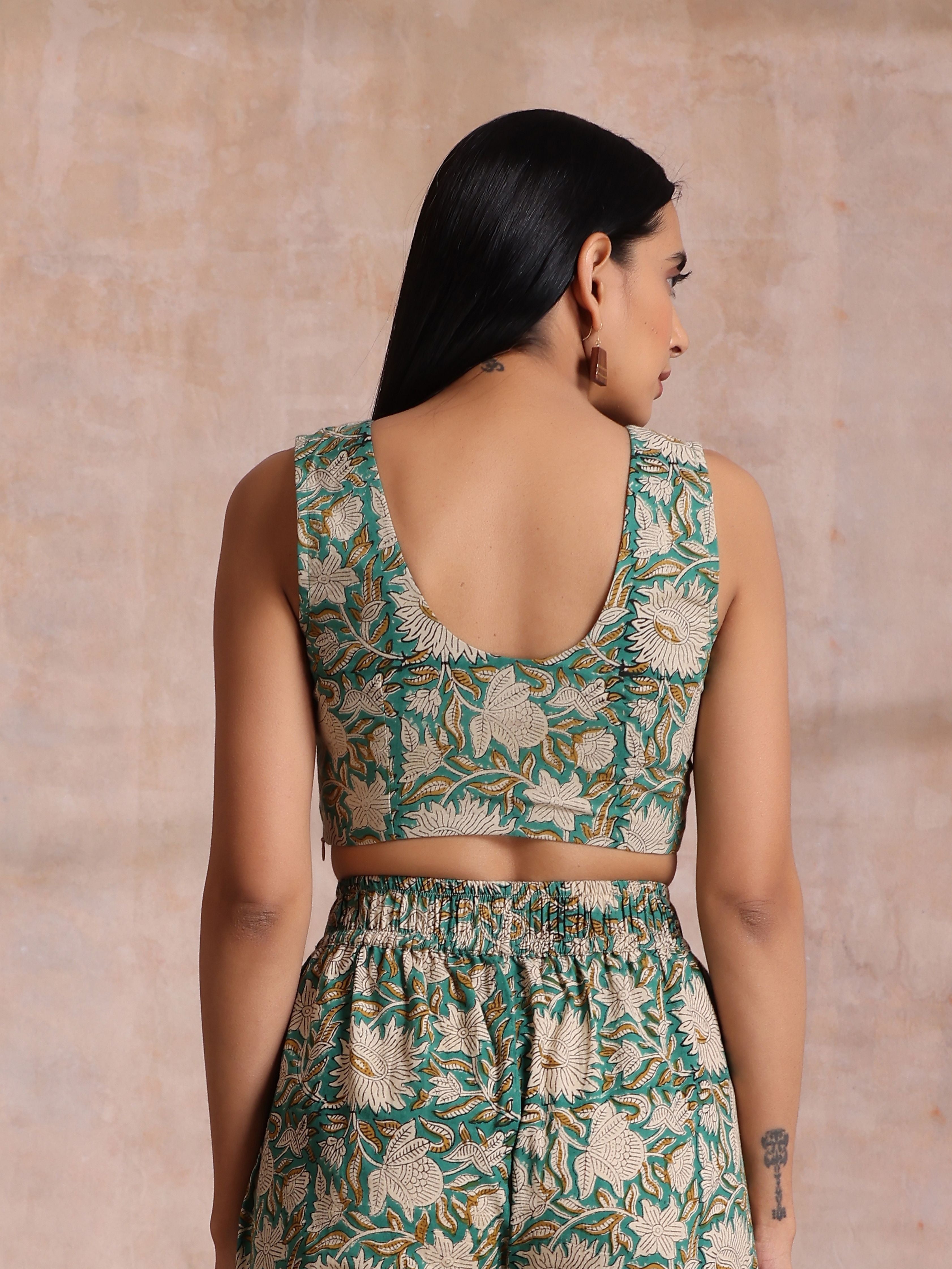 trueBrowns Fern Green Overall Floral Block Print Cotton Pant Suit Set | Grocsy