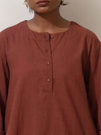 trueBrowns Brown Cotton Linen Kurta Co-Ord Set | Grocsy