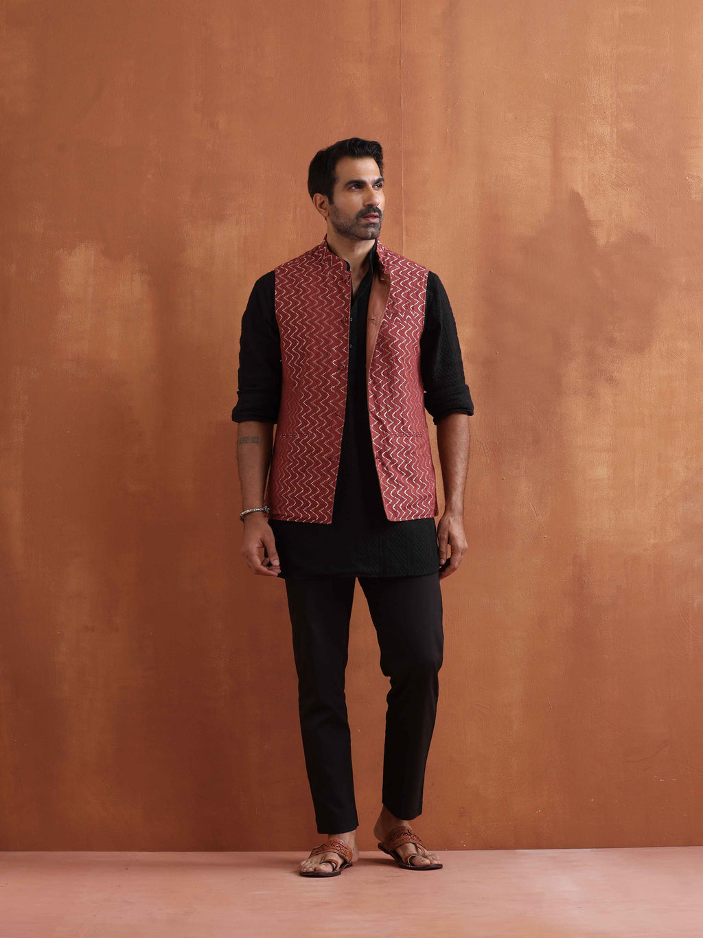 trueBrowns Men's Rust Cotton Dobby Nehru Jacket | Grocsy