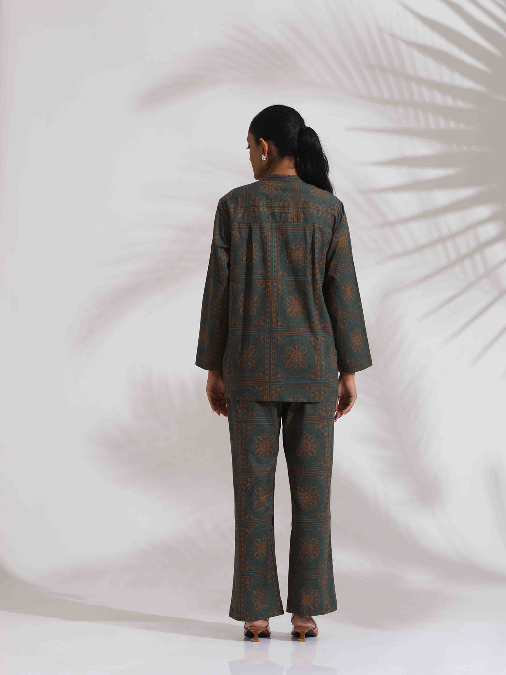 trueBrowns Green Cotton Print Shirt Top & Pants Co-ord Set | Grocsy