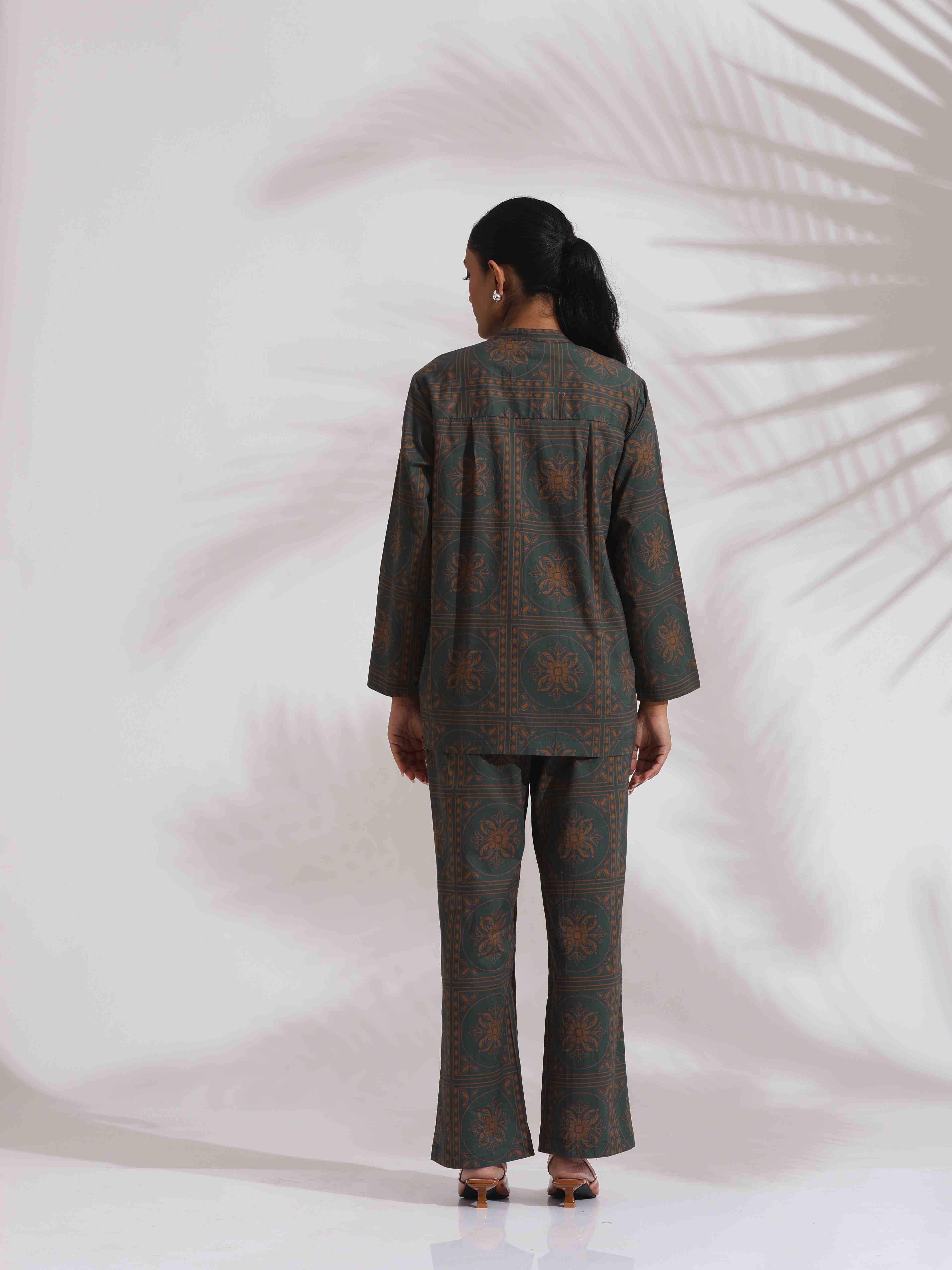 trueBrowns Green Cotton Print Shirt Top & Pants Co-ord Set | Grocsy
