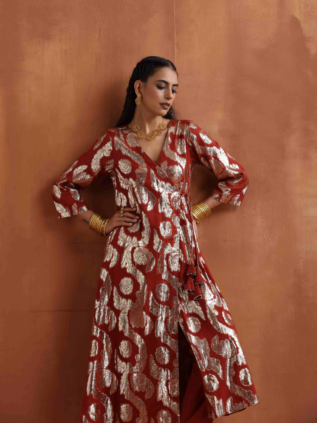 trueBrowns Rust Metallic Angrakha Kurta Set | Grocsy