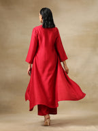 trueBrowns Maroon Textured Silk Front Slit Kurta Pant Set | Grocsy